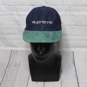 Supreme NYC Denim Suede Compact Logo 6 Panel Strapback Cap Hat